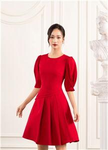 Váy đỏ xòe đai nổi dập ly - 2861